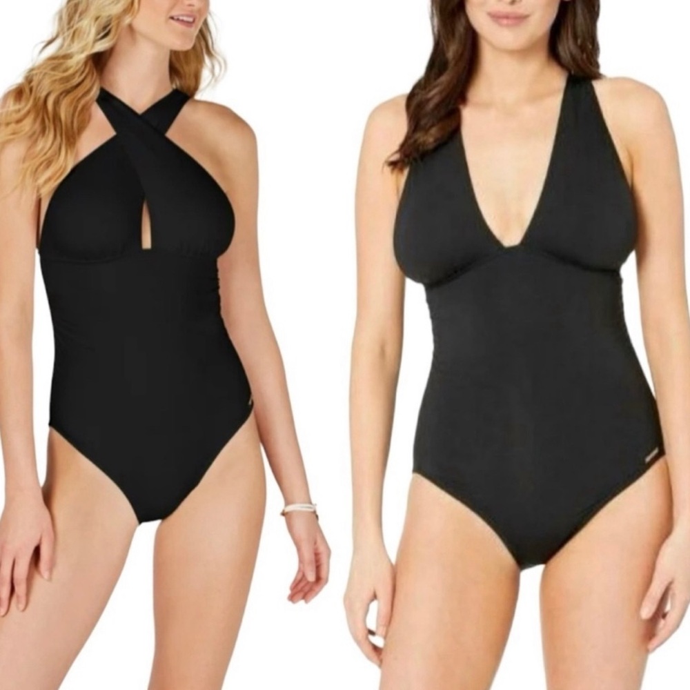 NWT Michael Kors High Neck Shirred cross Front One Pice Swimsuit